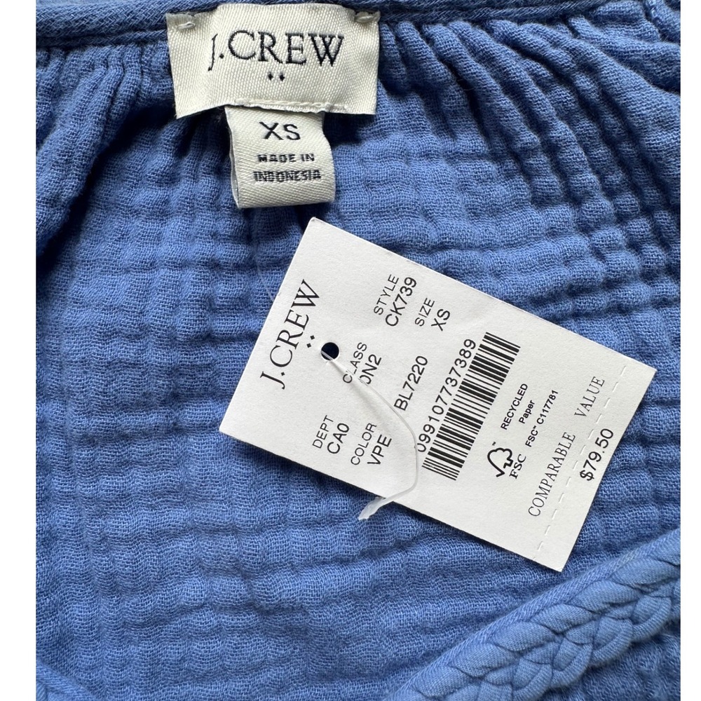 J.Crew Gauze Cotton Peasant Blouse Top XS Blue Boho Coastal Chic Euro Summer - Picture 7 of 9